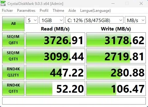 Résultats CrystalDiskMark en Mo/s du SSD du Geekom A5 2027 Edition