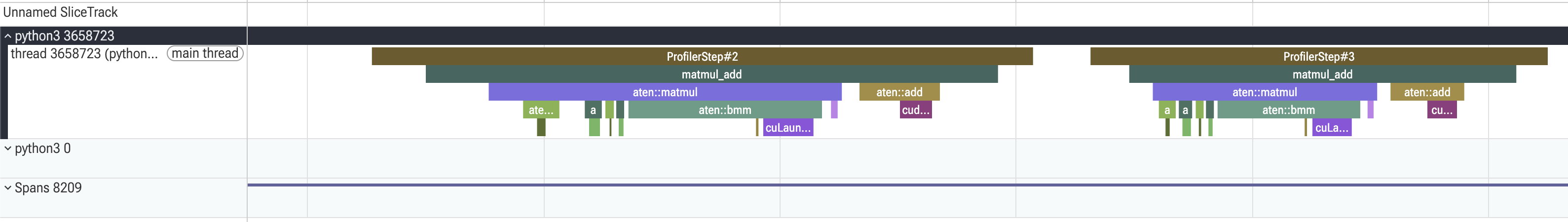 PyTorch profiler trace showing aten::matmul dispatching aten::bmm for 3D batched tensors