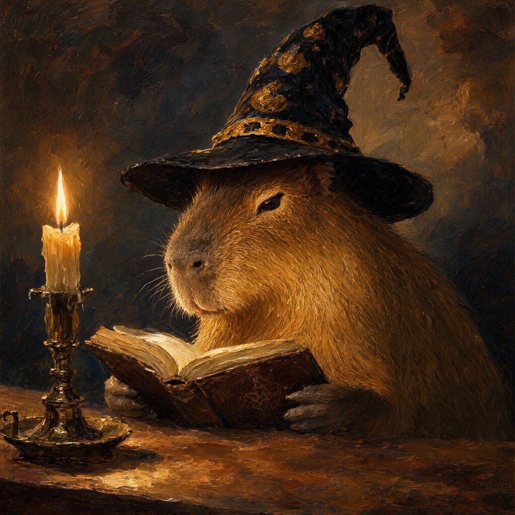 A capybara wearing a wizard hat, reading a book by candlelight, oil painting