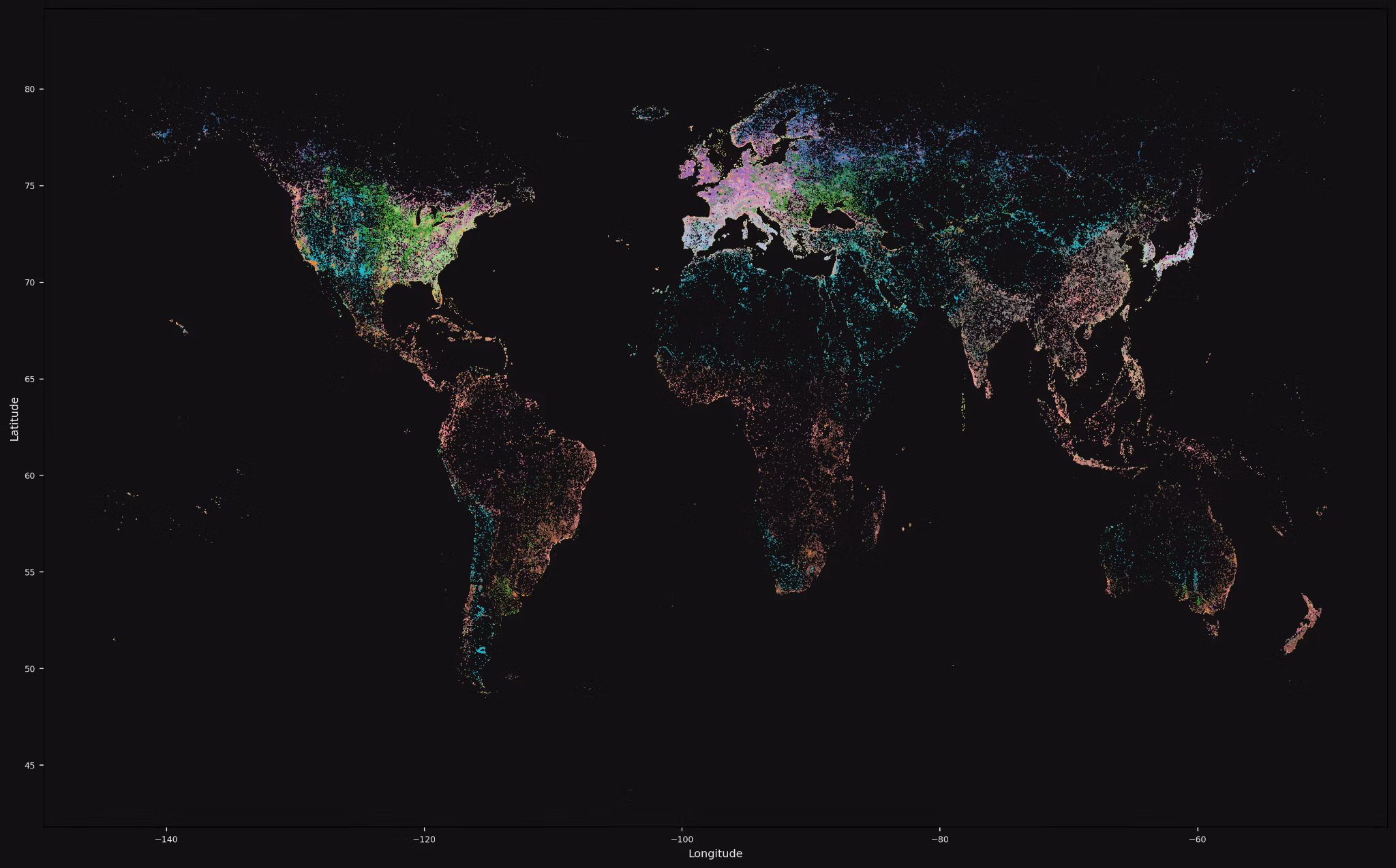 World map of OlmoEarth embeddings with each land pixel colored by its k-means cluster, revealing coherent biome and land-cover structure across continents