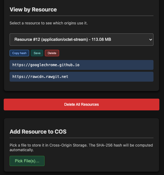 A resource seen in the Cross-Origin Storage extension, showing it's shared between two origins.