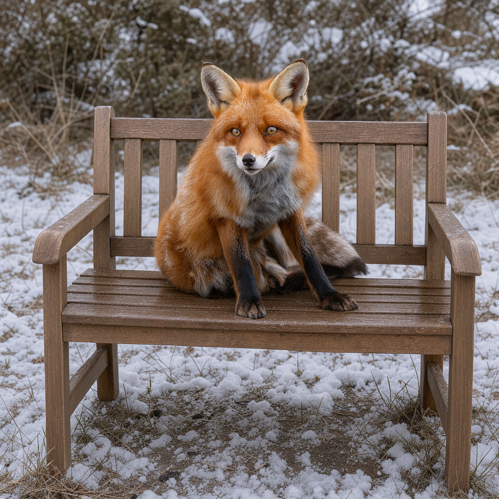 The same fox sitting on the same bench, with snow on the ground