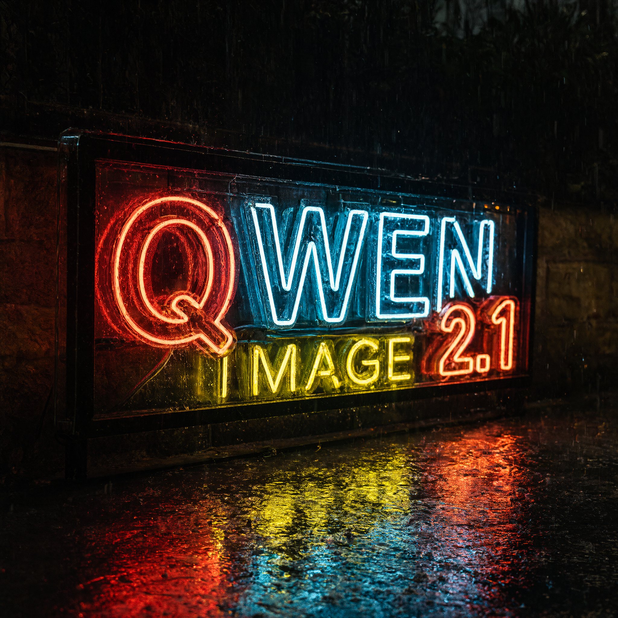 Neon shop sign reading QWEN IMAGE 2.1