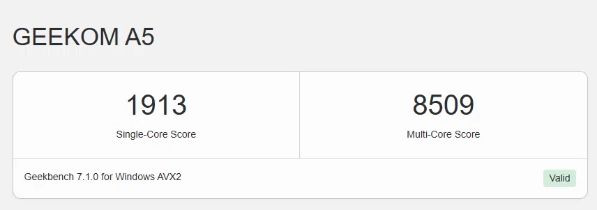Score Geekbench 7 CPU du Geekom A5 2027 Edition avec AMD Ryzen 7 7730U