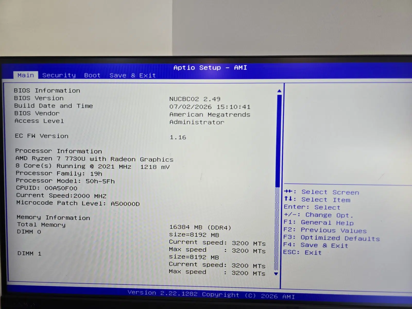 Onglet Main du BIOS AMI Aptio du Geekom A5 2027 Edition avec le Ryzen 7 7730U et 16 Go de DDR4
