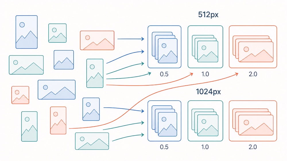 Aspect-ratio bucketing: images of different shapes snapped into fixed 512px and 1024px buckets