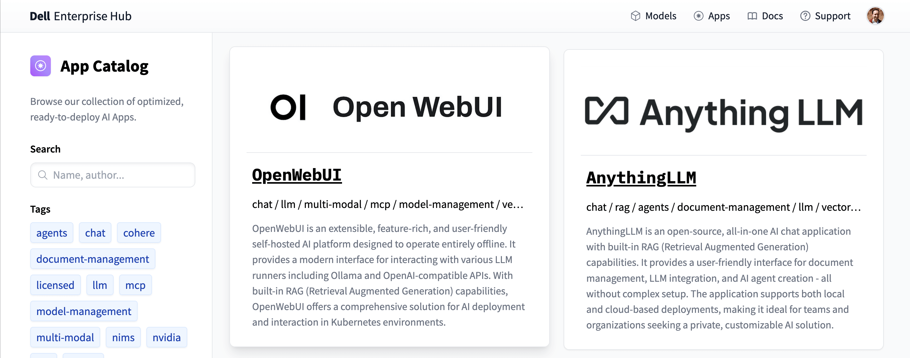 OpenWebUI and AnythingLLM available in the Dell Application Catalog